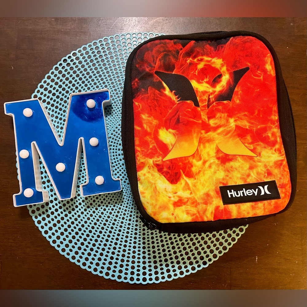 HURLEY Insulated Cooler/ School Lunch Box; Tote, with Fire Logo; used
